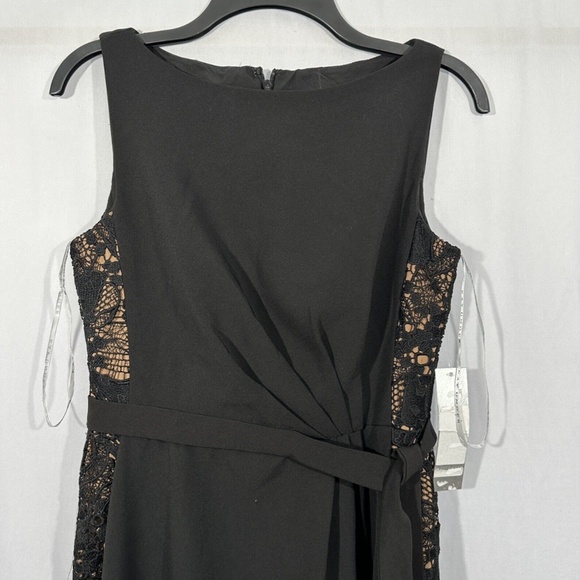 NWT $268 Kay Unger‎ [ 4 ] Belted Crepe Lace-Side Gown in Black Tan - Picture 6 of 15